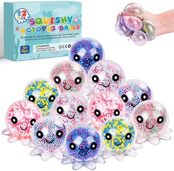 VESPRO 12 Pack Fidget Stress Balls for Adults, Cute Octopus Stress Ball | Stress Sensory Stress Ball, Bulk Squishy Squeeze Ba