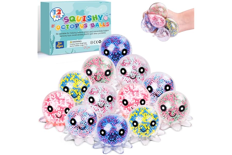 VESPRO 12 Pack Fidget Stress Balls for Adults, Cute Octopus Stress Sensory Stress Ball, Bulk Squishy Squeeze Ball Toys Set fo