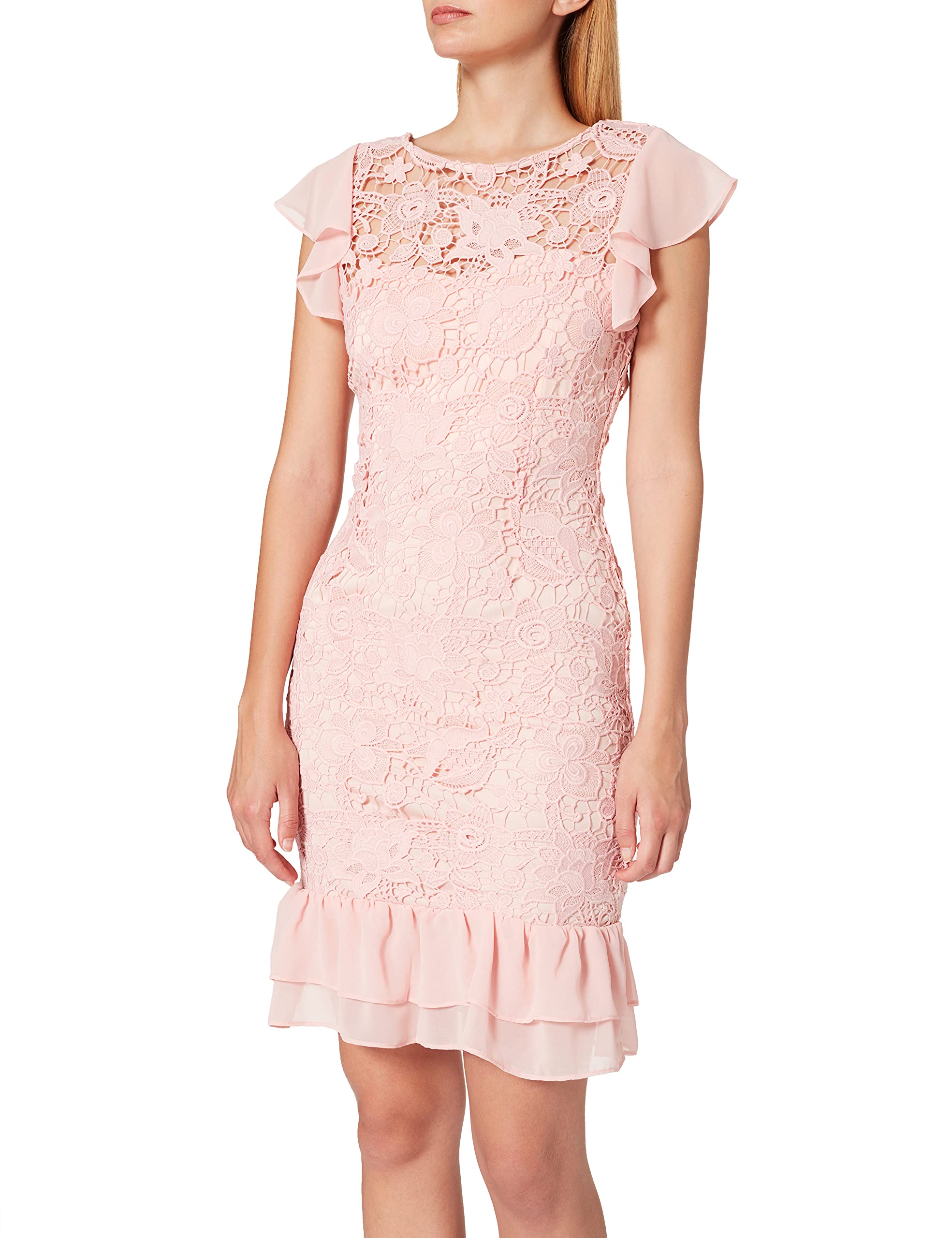 PaperDolls Women's Crochet Lace Chiffon Ruffle Detail Dress, Pink, 8