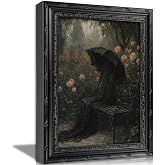 Vintage Black Framed Gothic Wall Art,Dark Academia Woman with Umbrella Canvas Print,Victorian Veiled Woman Wall Decor,Witchy & Rose Artwrok Picture For Bedroom Living Room Library Halloween Room Decor