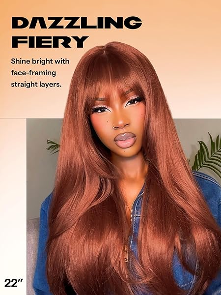 GORGIUS COPPER RED WIG WITH BANGS 24 INCH LONG STRAIGHT LAYERED WIG GLUELESS CURTAIN BANG WIGS WITH REALISTIC LACE SCALP PUT ON & GO BANGS WIG FOR BEGINNER