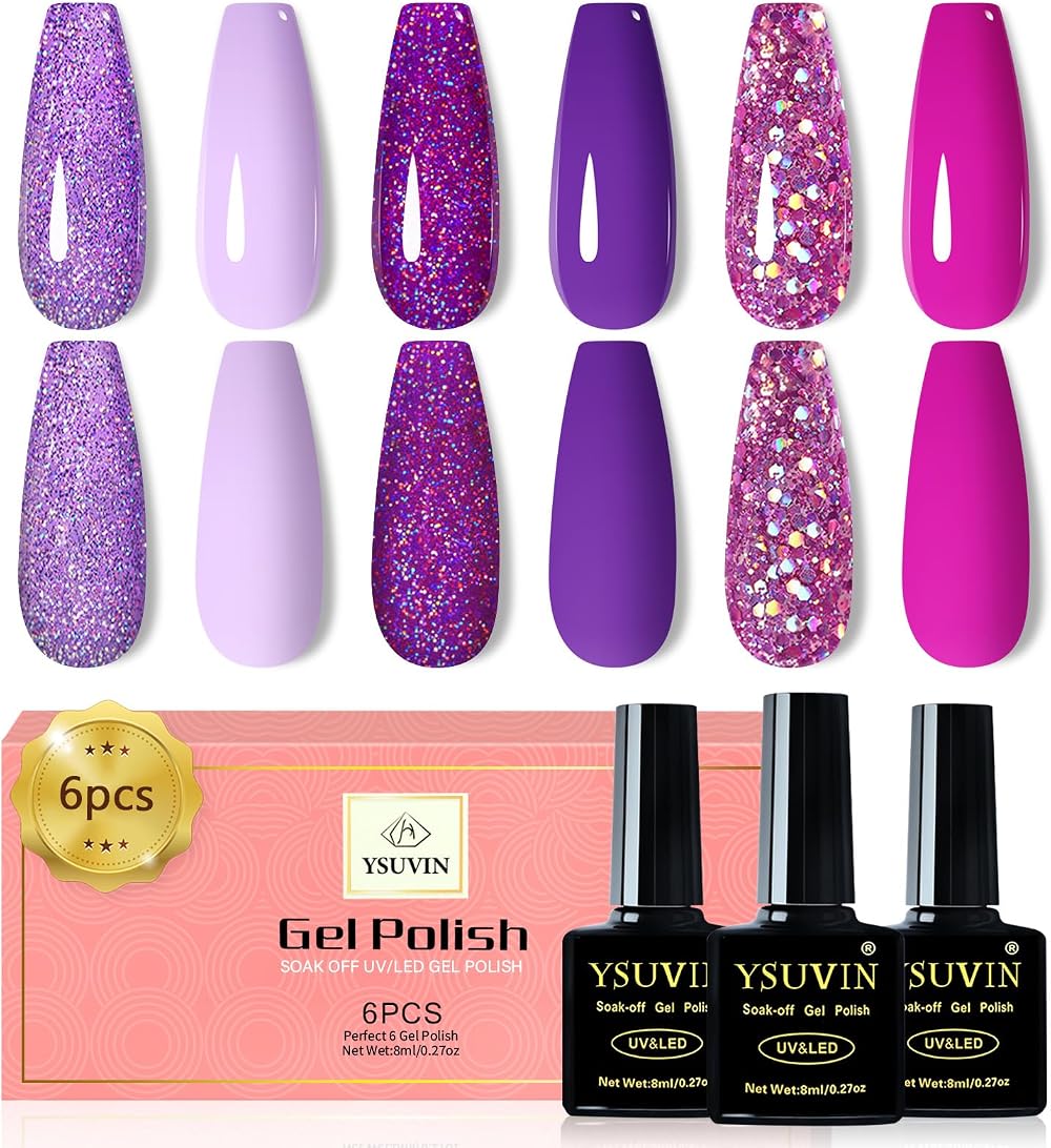 Yueshop 6 Colors Gel Nail Polish Set Grape Purple Glitter Sparkle Kit