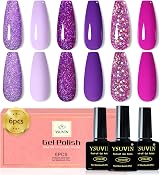 Yueshop 6 Colors Gel Nail Polish Set Grape Purple Glitter Sparkle Kit