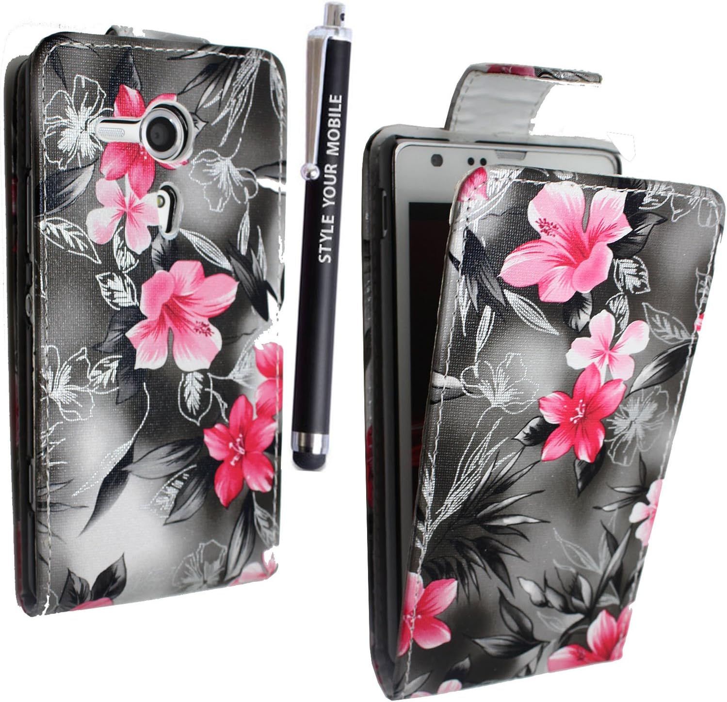 GSDSTYLEYOURMOBILE {TM} SONY XPERIA SP M35H PREMIUM QUALITY PU LEATHER MAGNETIC FLIP CASE SKIN COVER POUCH + STYLUS (Pink Flower Dark Grey)
