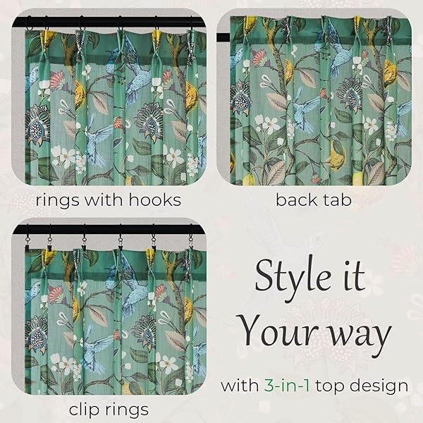 LINEN PINCH PLEATED FLORAL SHEER CURTAINS FOR BEDROOM VINTAGE FARMHOUSE LIGHT FILTERING PRIVACY SEMI SHEER CUTE LEMON HUMMINGBIRD CURTAIN FOR KIDS NURSERY LIVING ROOM 96 INCHES LONG 2 PANELS GREEN