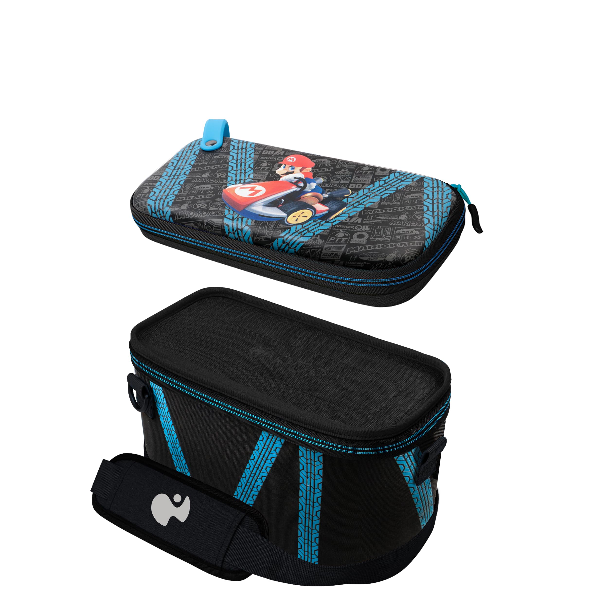 PDP Gaming Overnight Case GLOW, 2-in-1 Pull-N-Go Nintendo Switch Travel Storage for Console and Accessories, Removable Interchangeable Compartments: Mario Kart Drift (Black/Blue)