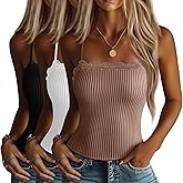 Xaatren 3 Pcs Lace Camisole Tank Tops for Women, Lace Trim Boat Neck Ribbed Undershirts Adjustable Spaghetti Strap Slim Cami
