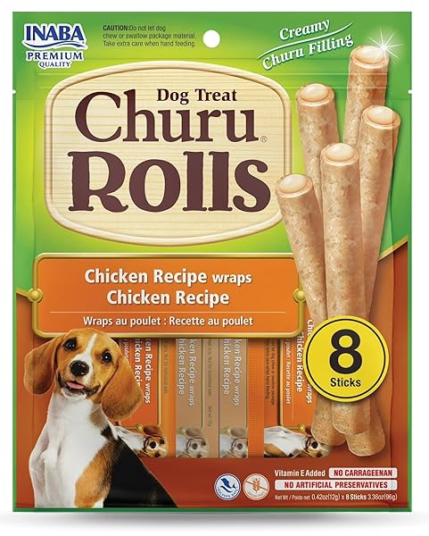 INABA CHURU ROLLS FOR DOGS, SOFT & CHEWY BAKED CHICKEN WRAPPED FILLED DOG TREATS, 0.42 OUNCES EACH ROLL, 8 ROLLS TOTAL, CHICKEN RECIPE