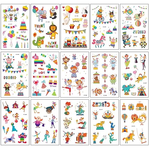 Temporary Tattoo for Kids, 15 Sheets Circus Clown Cartoon Tattoo Stickers, Waterproof Cartoon Fake Tattoo Stickers Set, Birthday Party Supplies Favors Party Bag Filler for Kids Boys Girls