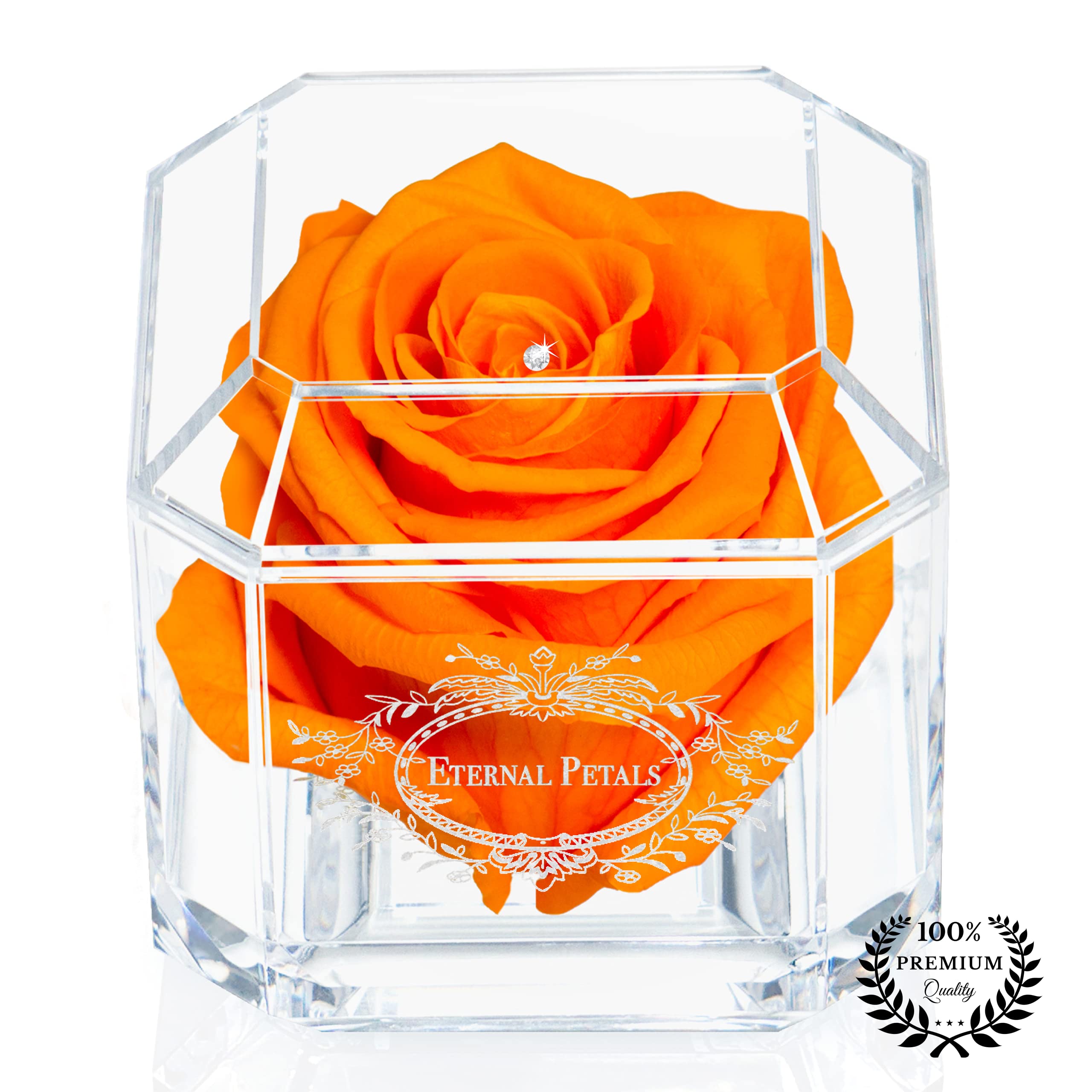 A 100% Real Rose That Lasts Years - Eternal Petals, Handmade in UK – White Gold Solo with A Clear Crystal (Orange)