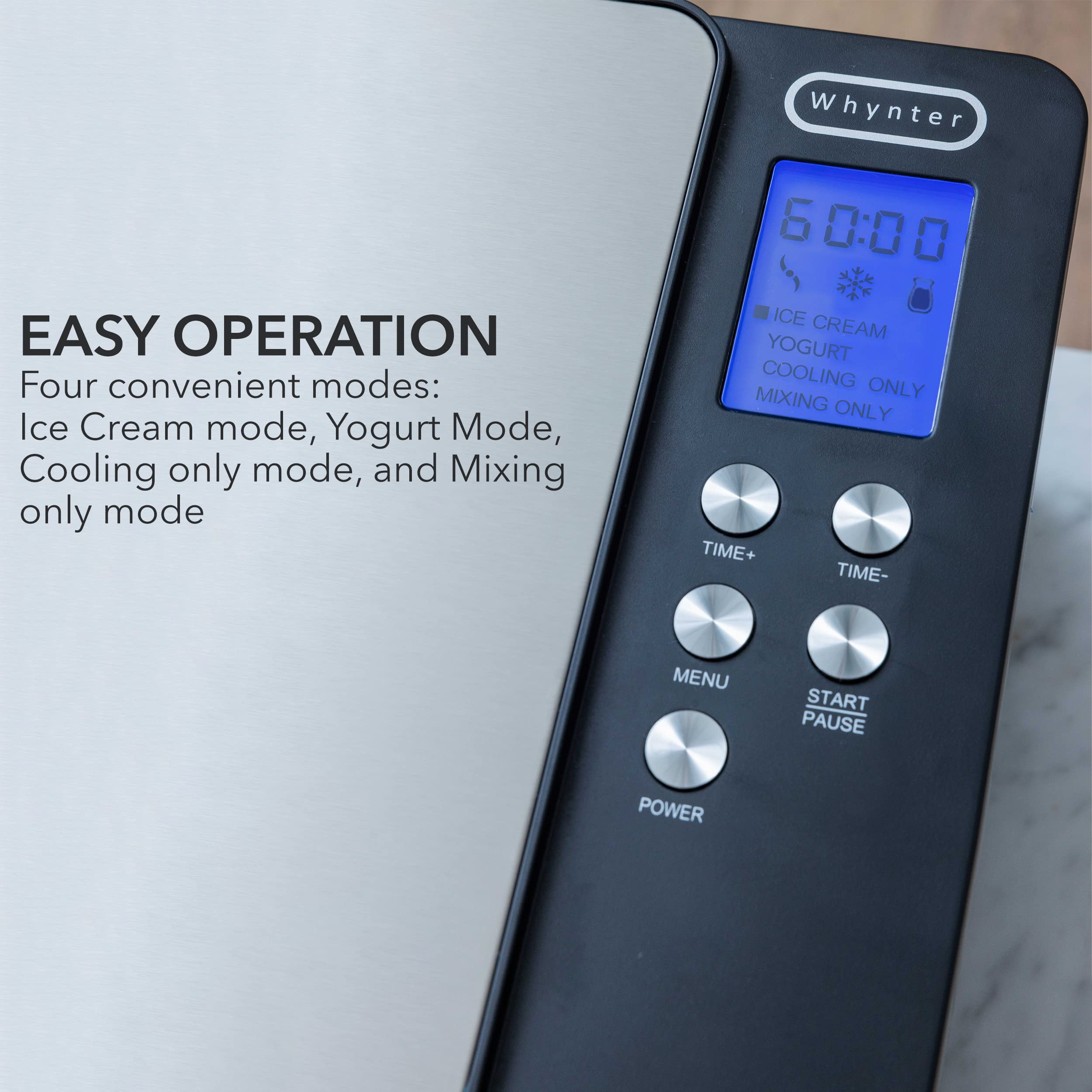 Whynter Ice Cream Maker Machine & Yogurt Automatic 2 Qt. with Built-In Compressor, LCD Digital Display & Timer, No Pre-Freezing, ICM-220SSY, Stainless Steel