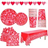 Gatherfun Valentine's Day Party Supplies Hot Heart Love Disposable Paper Plates Napkins Cups plastic Tablecloth with Banner for Valentine's Day, Engagements, Anniversary, Birthday Party Serve 25