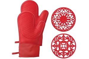 Domonic Home Oven Mitts and Pot Holders Sets, Silicone Oven Mitts Heat Resistant 600F, Oven Mitt Set Soft Lining Good Grip, Oven Gloves and Trivet Mats 4 Piece Set Red