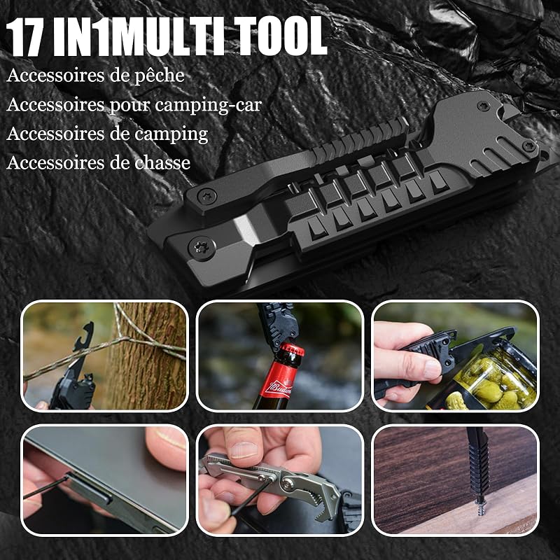 Cadeau Homme, Couteau Multifonction 17 en 1, bâtons d'allumage, ouvre-bouteille, scie, tournevis, sifflet, brise-vitre et plus encore - Parfait pour le camping, l'extérieur