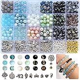 Rujiaoa 8mm Glass Bead Bracelet Making Kit for Adults & Teens – 414pcs Real Crackle Glass Beads with Charms, Neutral Color Jewelry Set