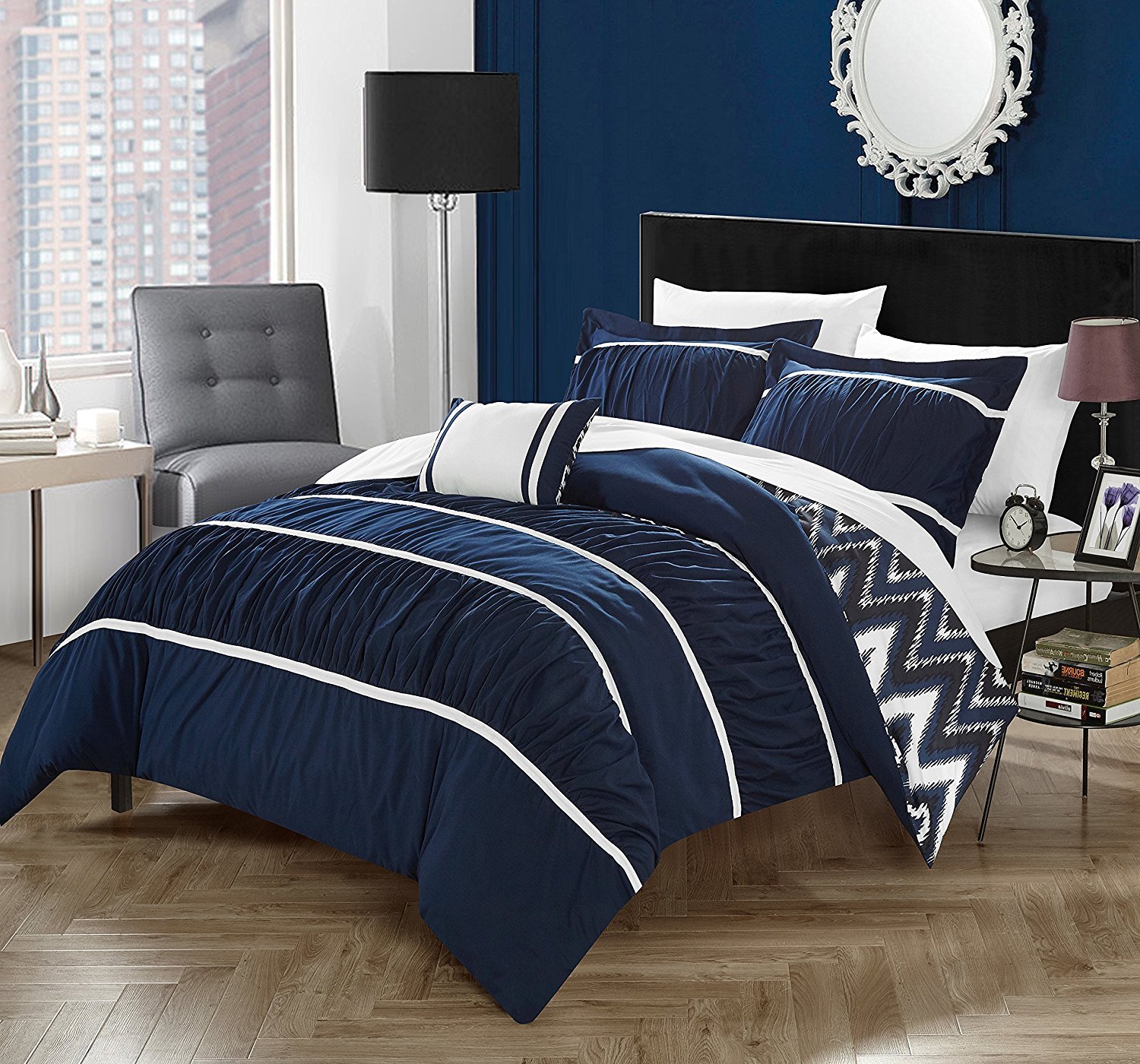 Durable Service Ms 4pc Navy Color Pleated Ruffled Comforter Set