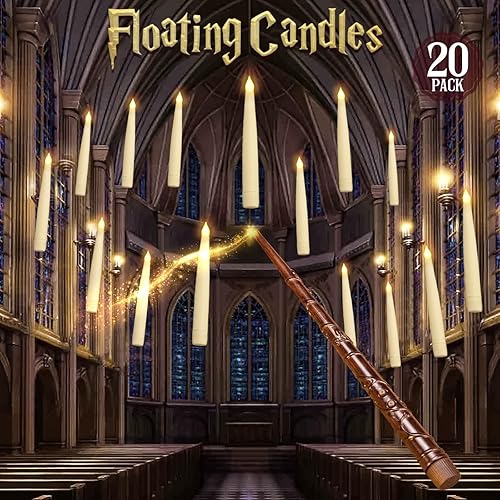 Halloween Decorations - Floating Candles with Wand - 20 Pcs Magic Hanging Flameless Floating LED Candles with Wand Remote - Decor for Indoor Outdoor Home Room Theme Party Birthday Gift