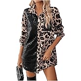 SOLY HUX Women's Leopard Print Sequin Shirt Button Down Long Sleeve Collared Y2k Blouse Tops