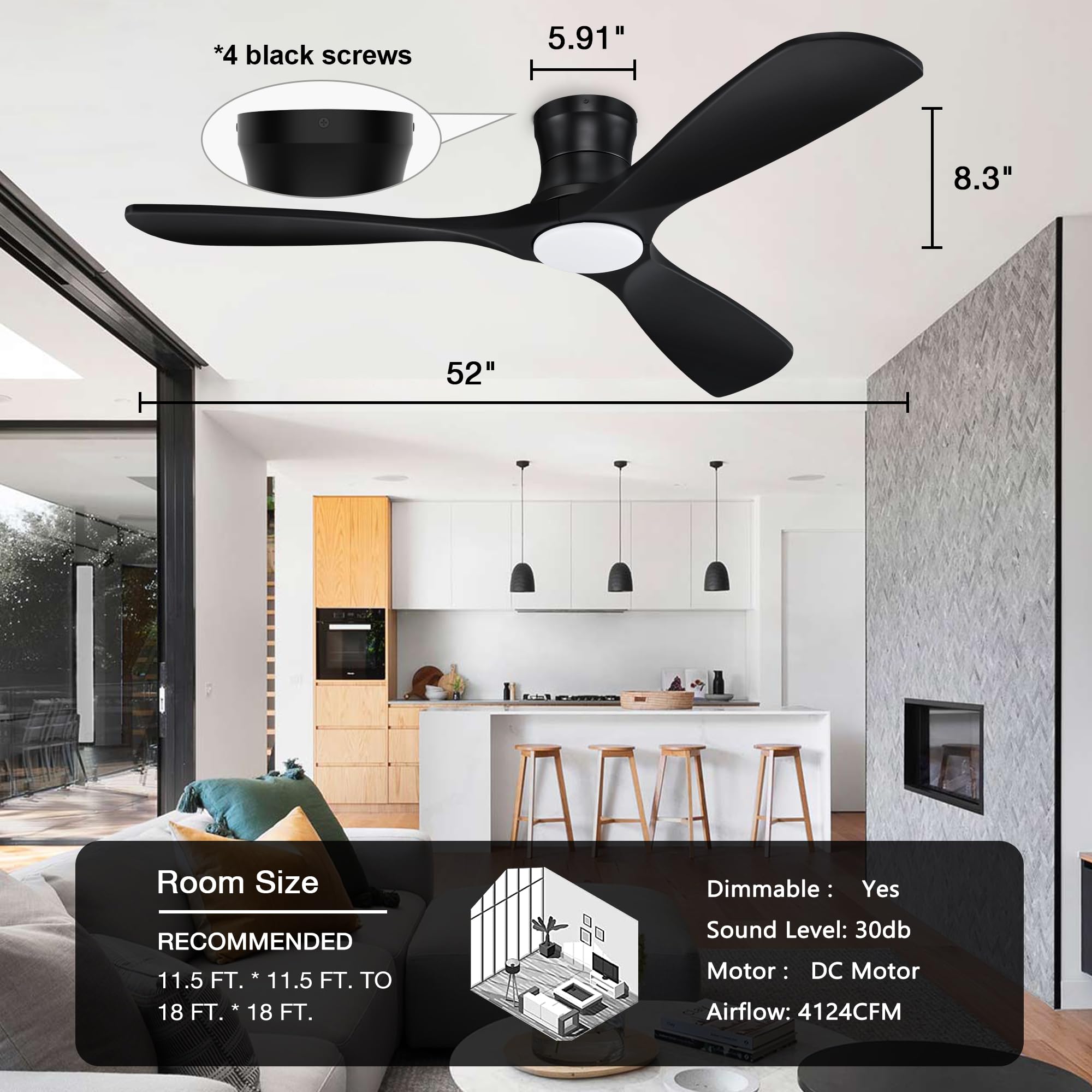 Hoenofly 52” Smart Wood Low Profile Ceiling Fan with Lights Remote,Quiet DC Motor,Outdoor Indoor Flush Mount Ceiling Fans Controlled by WIFI Alexa App,Modern Black for Bedroom Living Room Patio Porch