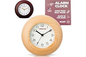 TIMBERTIME Modern Desk Clock with Alarm – Real Wood, Glow-in-The-Dark, Silent, 5in, Lightweight, No Ticking, Battery Operated (Natural Beech Wood)