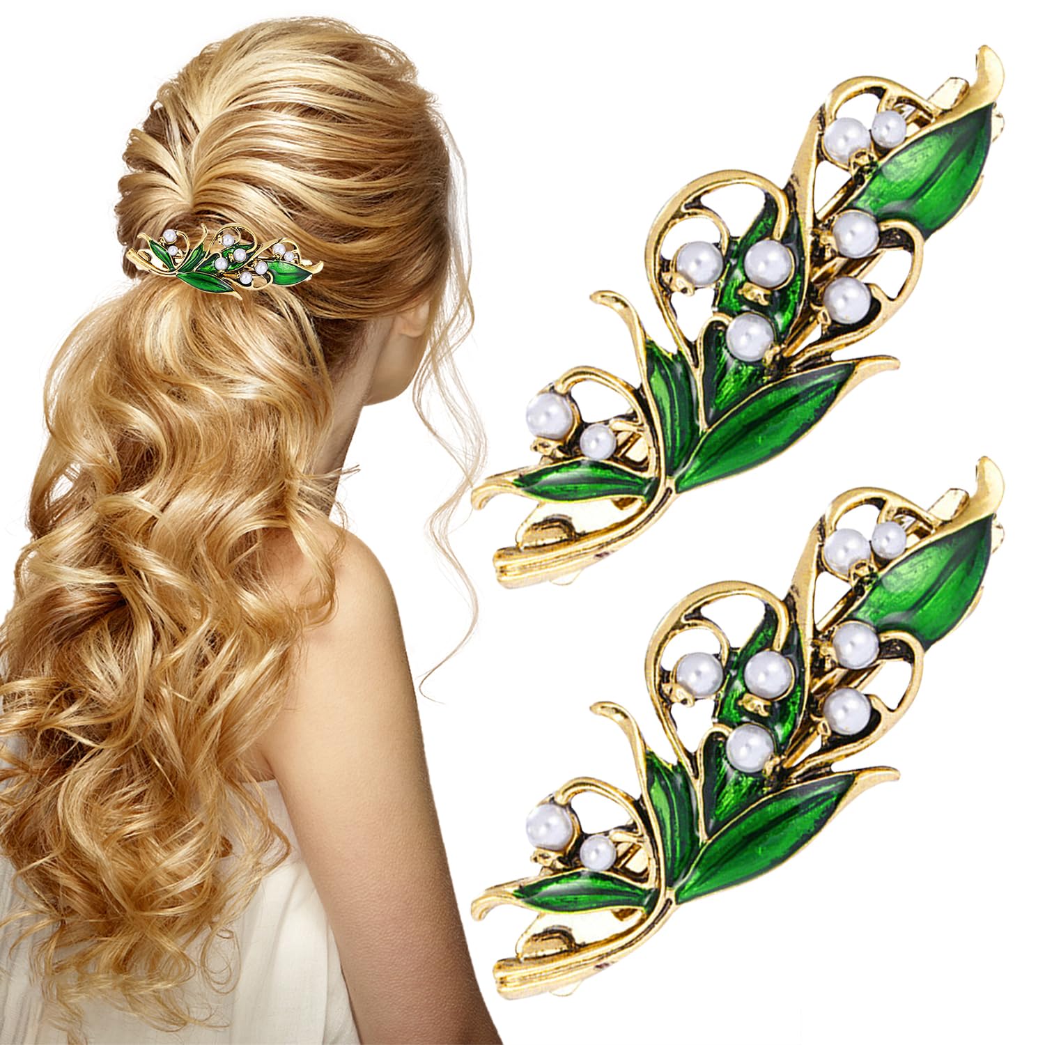 2 PCS Green French Vintage Leaf Hair Barrettes,Hand Crafted Spring Clip Metal Hair Pin,Elegant Jewelry Hair Decorations for Women Girls