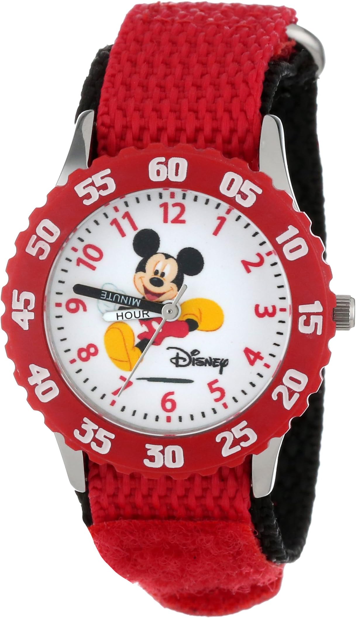 DisneyBy Ewatchfactory Kids Mickey Mouse Quartz Watch with White Dial Time Teacher Display and Red Nylon Strap W000003
