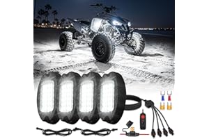 LD DARKEAGLE 4Pods Metal All Pure White LED Rock Lights Kit for ATV UTV Four Wheeler RZR SXS Offroad Golf Cart with Switch Wiring Harness Extension Fuse Plug and Play, 6500K Aluminum Underglow Light Waterproof 12V