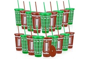 Kochorie 18 Pcs 24 oz Football Party Cups with Lids and Straws Reusable Plastic Tumbler Travel Mug Cups for Kids Coach Men Women Football Favors Tailgate Party Sports Game Time Supplies Decorations