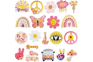 Yaveron 20Pcs Groovy Retro Hippie Iron on Patches Vintage Boho Peace Sign Patch for Clothing Backpacks Jeans Jackets Hats Sew on Embroidered Applique
