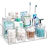 Vtopmart 5 PCS Bathroom Countertop Organizer, 1 Divided Tray with 4 Qtip Holder Jars, Restroom Clear Organizers for Toothbrush, Cotton Pads Balls, Floss, Bathroom Vanity Accessories Storage Set
