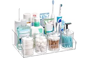 Vtopmart 5 PCS Bathroom Countertop Organizer, 1 Divided Tray with 4 Qtip Holder Jars, Restroom Clear Organizers for Toothbrus