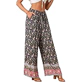 Allegra K Boho Floral Pants for Women's Drawstring Waist Beach Wide Leg Pants with Pockets