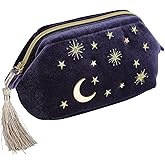 Handy cosmetic makeup bag,Navy Velvet Embroidered Applique Moon Stars Cosmetic Bag,Starry Makeup Pouch with Tassels & Pearl Zipper,Beautician Storage Bag