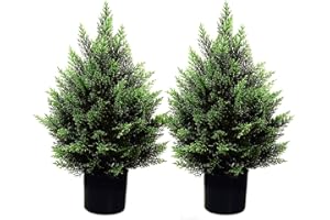 MELLI WELLI 2FT Artificial Topiary Tree Beautiful Realistic Faux Cedar Pines Christmas Trees UV Rated Fake Shrubs for Front Porch Faux Plants Indoor and Outdoor Decor（2 Pack）