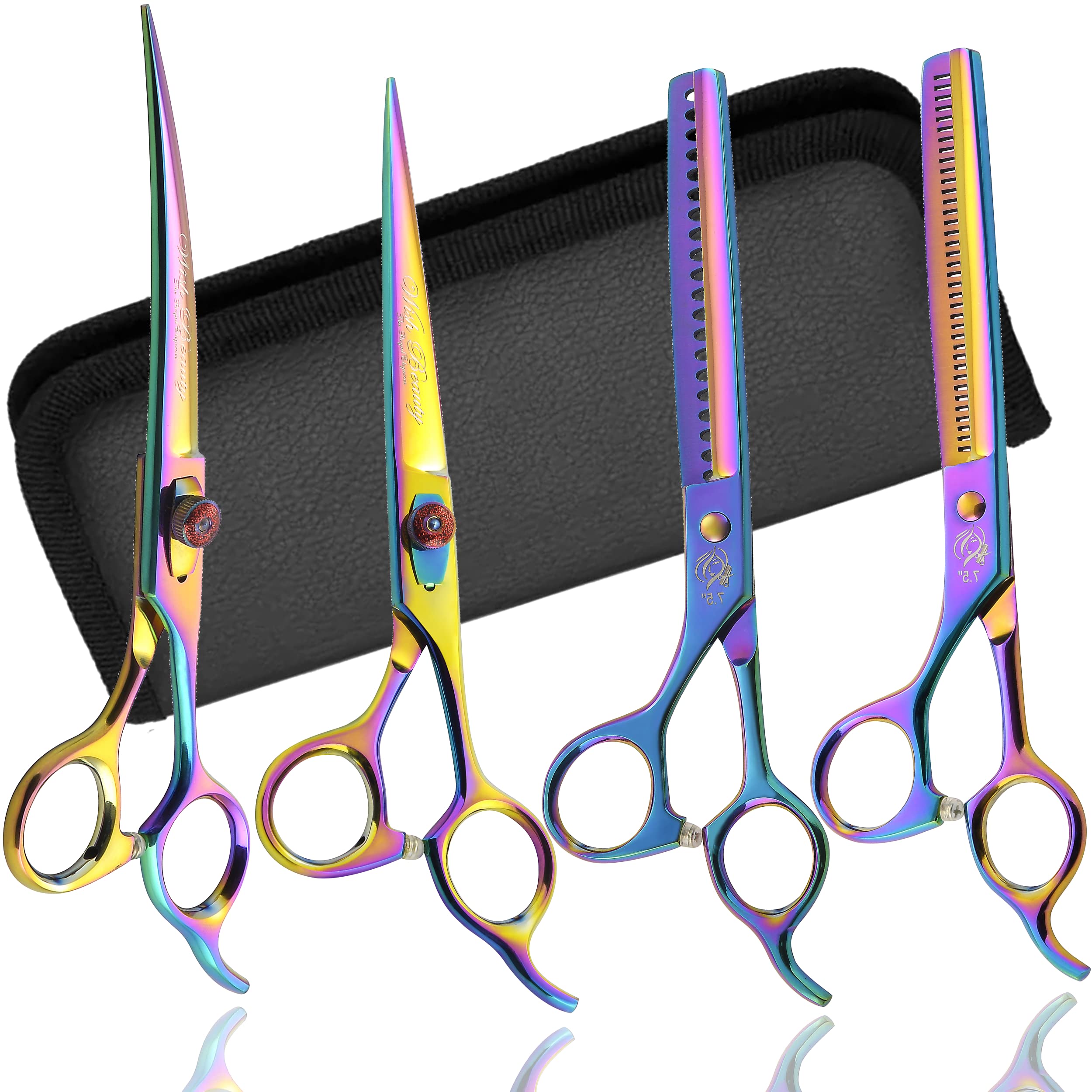 Wishbeauty - 7.5 Inches Professional Pet Grooming Scissors Set, 440C Japanese Steel Straight & Curved & Thinning & Chunker Shears/Scissors Kit for Dog Cat and More Pets (Rainbow)