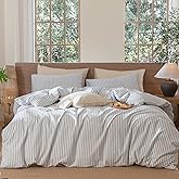 MooMee Striped Duvet Cover Set 100% Washed Cotton Linen Like Textured Breathable Durable Soft Comfy (Cornflower Blue White Classic Stripes, Cal King 104"x98")