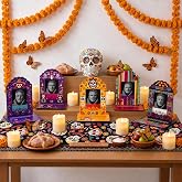 SUNNINO Dia De Los Muertos Decorations Day of the Dead Decorations | Altar Kit with 5 Picture Frames, Mexican Table Runner, 5FT 30PC Marigold Garland, 12 Monarch Butterflies and 6 Candles