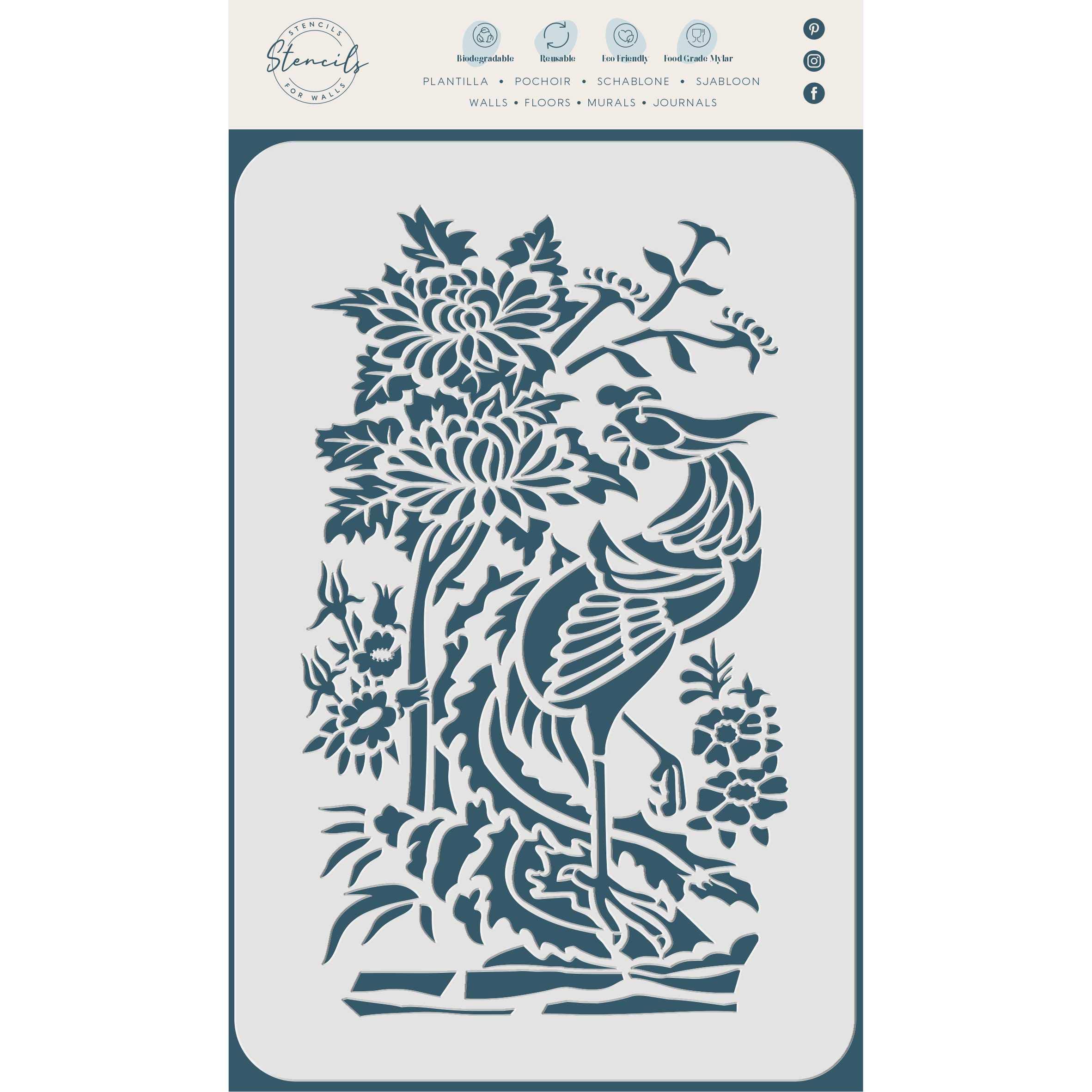 Oriental Pheasant Stencil, 15 x 25.5 cm (M) - Traditional Asian Chinese Bird with Flowers Stencils for Painting Template