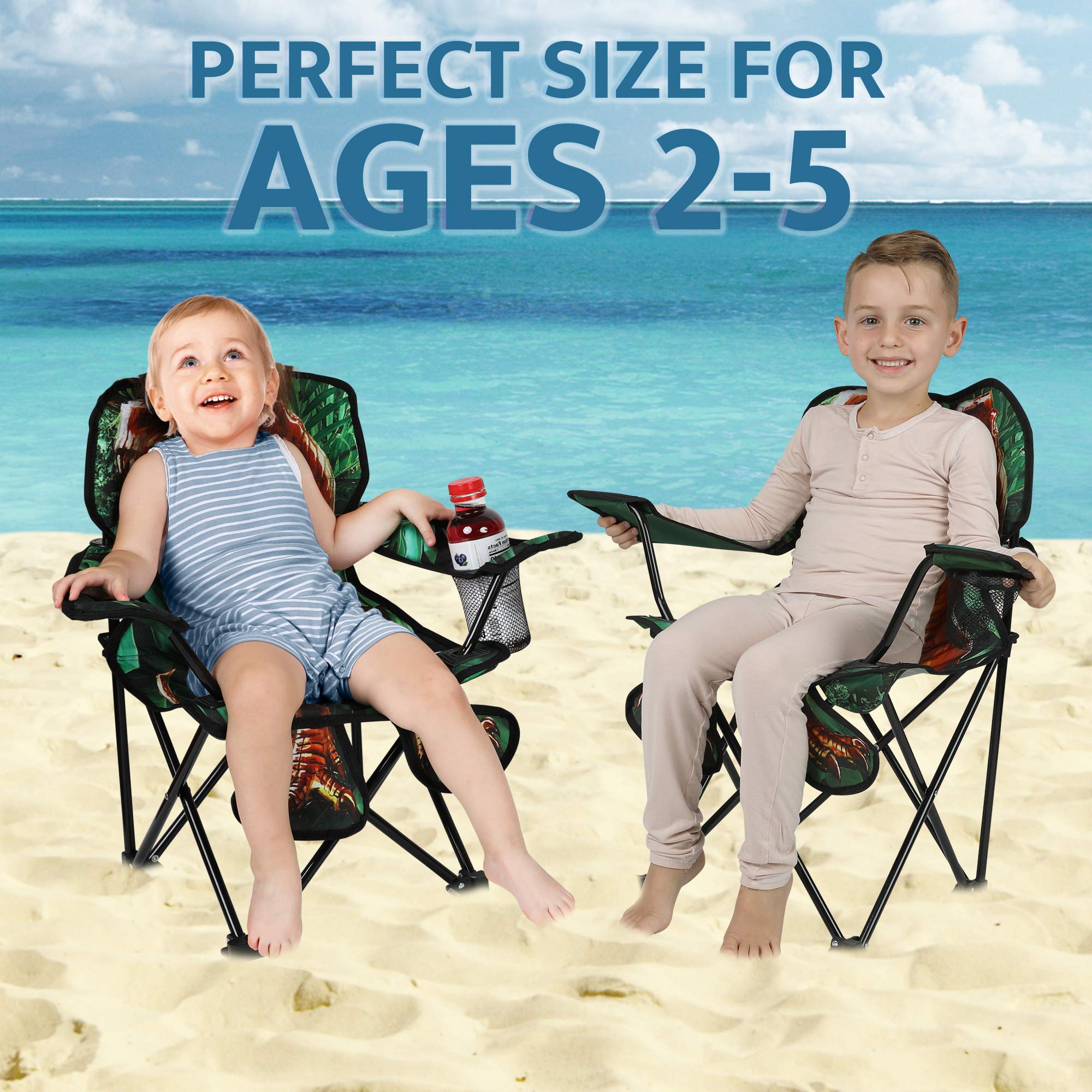 Toy To Enjoy Outdoor Dinosaur Kids Camping Chair – Foldable Children’s Chair for Camping, Tailgates, Beach, – Carrying Bag Included Mesh Cup Holder & Sturdy Construction. Ages 2 to 5 (Patent Pending)