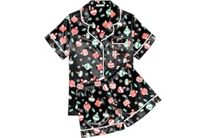 Ekouaer Womens Silk Satin Pajama Sets Soft Short Sleeve Button Down Sleepwear Top and Shorts 2 Piece Pjs Lounge Set