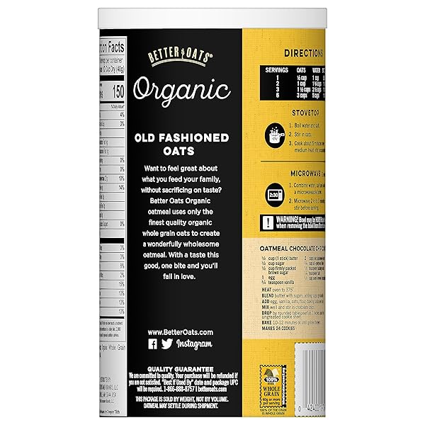 BETTER OATS ORGANIC OLD FASHIONED OATS, ORGANIC ROLLED OATS FOR OVERNIGHT OATS, HOT CEREAL, AND OTHER HOMEMADE OATMEAL RECIPES, CERTIFIED USDA ORGANIC, 16 OZ TUB