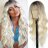 MINSEEYOO Platinum Blonde Wig with Bangs for Women Long Wavy Wigs 26 Inch Platinum Blonde Wigs Natural Looking Heat Resistant Synthetic Wig for Daily Party Use