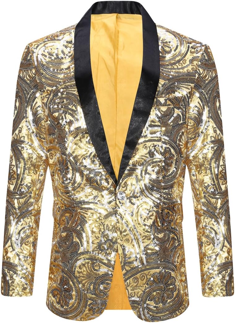 PYJTRL Men's Pink Gold Flower Pattern Wedding Groom Singer Sequins Suit Jacket