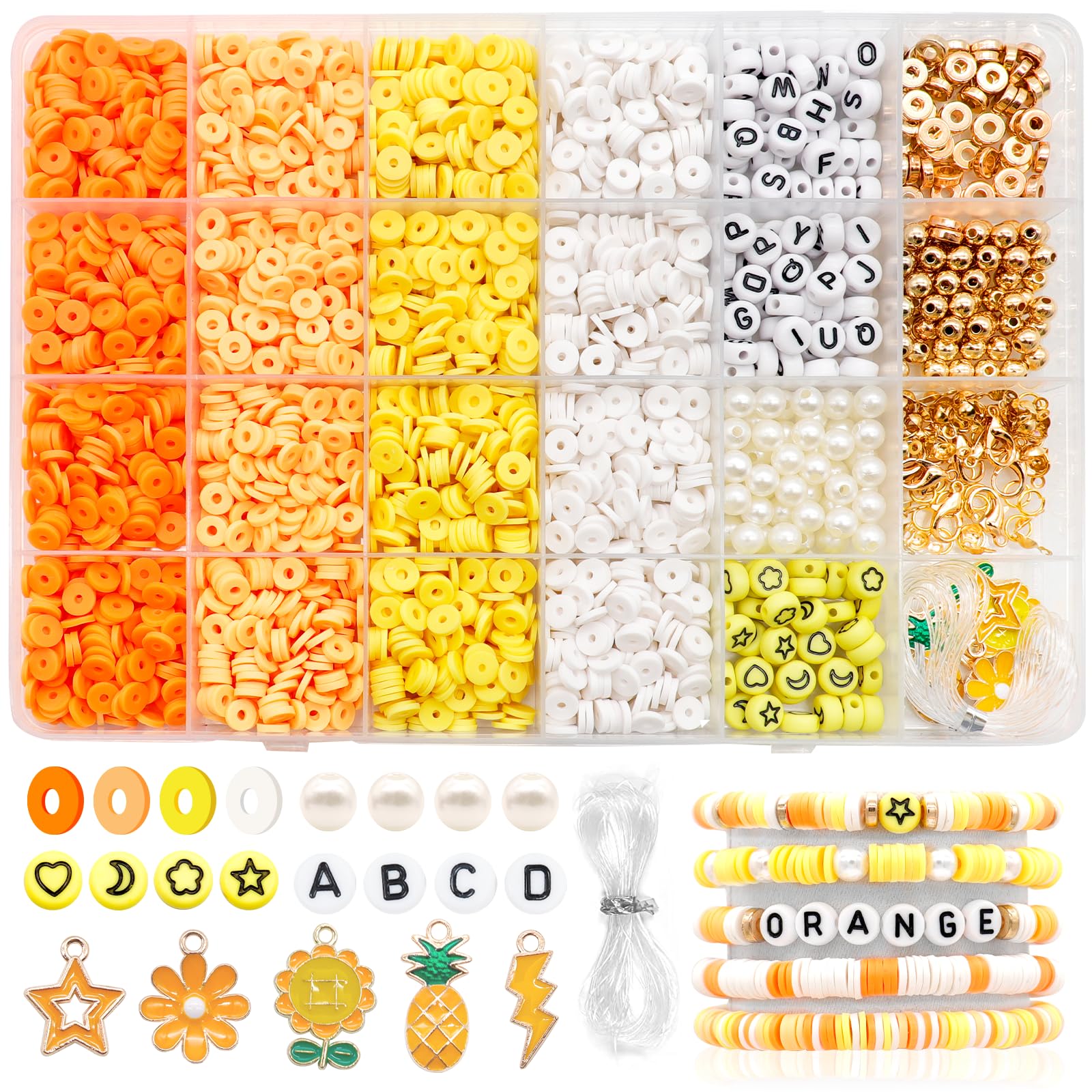 Dotilili 3164 Pcs Friendship Bracelet Making Kit, Orange Yellow Polymer Clay Beads with Letter Beads & Charms, Heishi Spacer Bead for Jewelry Crafts, Gift for Girls Teens Adults