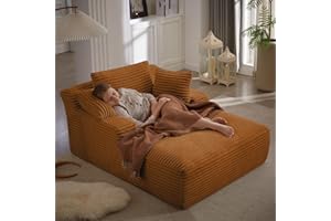GUANGHONG 50" W Oversized Chaise Lounge Chair Indoor, Upholstered Corduroy Sofa Bed with Arm & 3 Pillows, Deep Seat Boneless Cloud Couch, Reading Chairs for Living Room,No Assembly Required,Orange