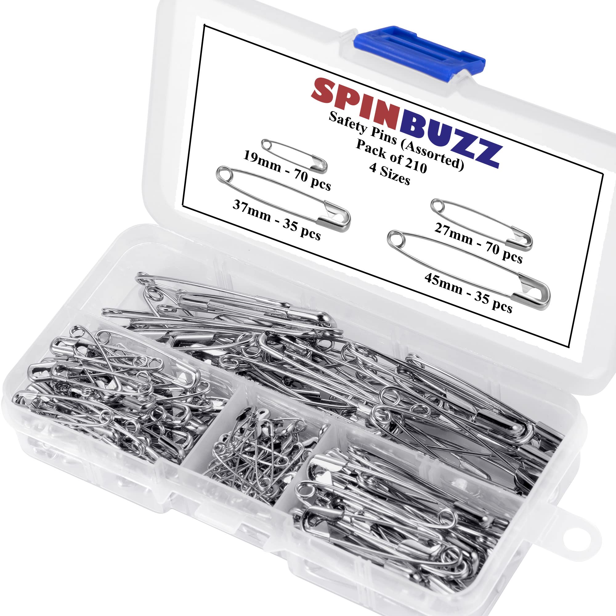 SPINBUZZ Safety Pins 4 Sizes Pack of 210 Nickle Plated Rust Resistant Steel Strong Quality Pins For Clothing, Arts & Crafts, Sewing and Pinning