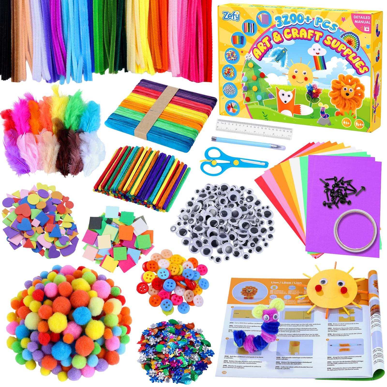 Zefy 3200+ Pcs Craft Kits for Kids, All in One Art Set with 12 Crafts Design, DIY Creative Art Craft Supplies Craft Box for Girls Boys Age 4-12