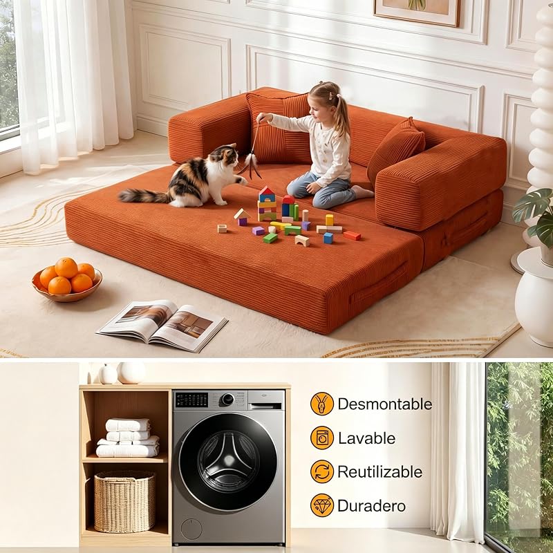 Sofá-cama de 2 lugares de 160 cm com espuma e molas para sala de estar, laranja