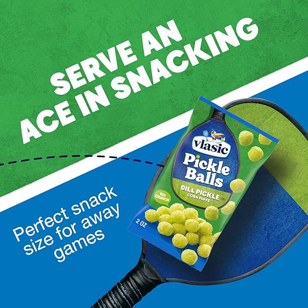 VLASIC PICKLE BALLS, DILL PICKLE FLAVORED CORN PUFFS, PICKLEBALL GIFTS, 2 OZ.
