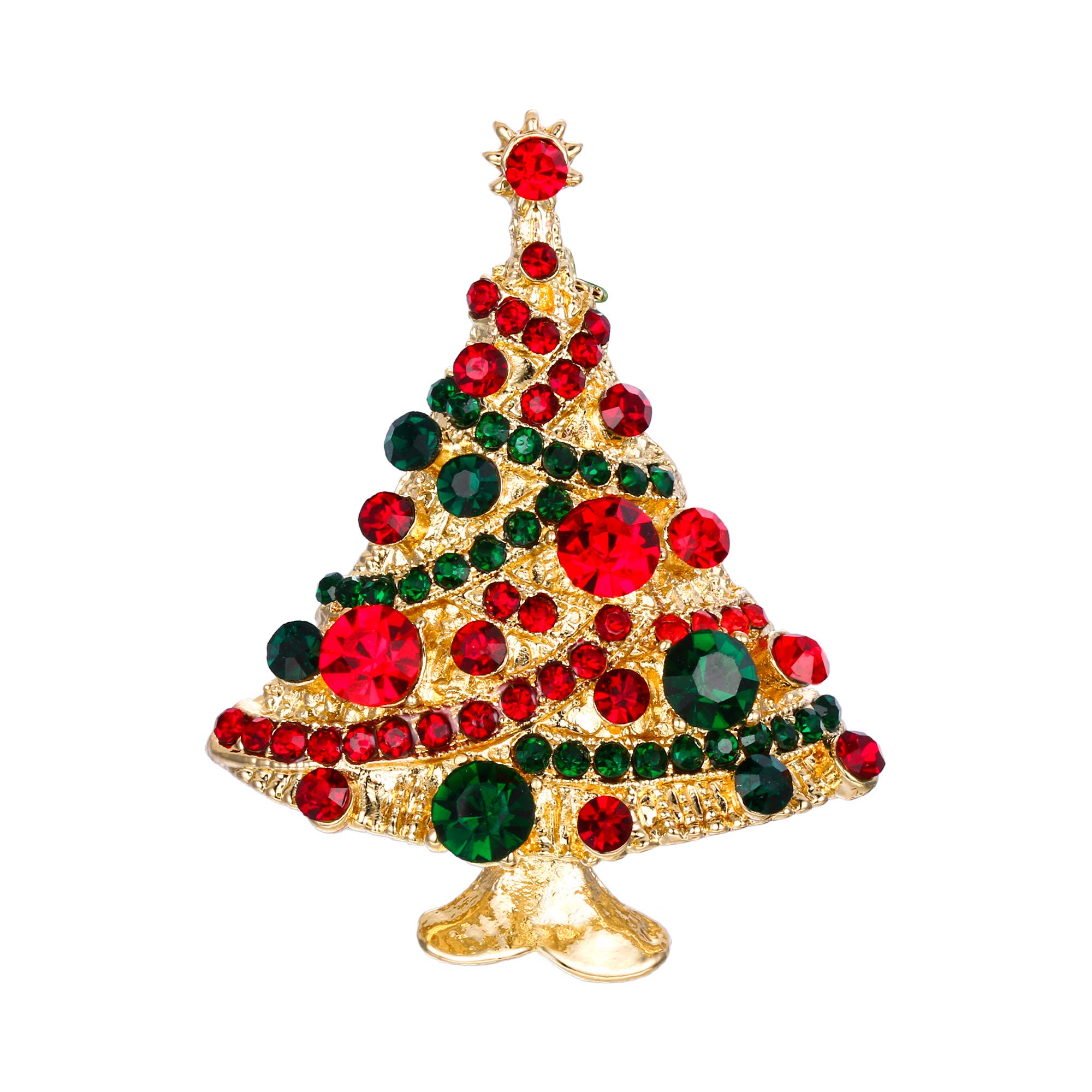 EVER FAITH Austrian Crystal Cute Streamer Star Wishing Tree Brooch Pin Green w/Red Gold-Tone